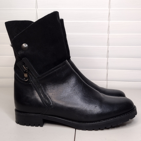 Fabianelli Black Leather Faux Fur Side Zipper Ankle Booties Sz 8 - Picture 4 of 15